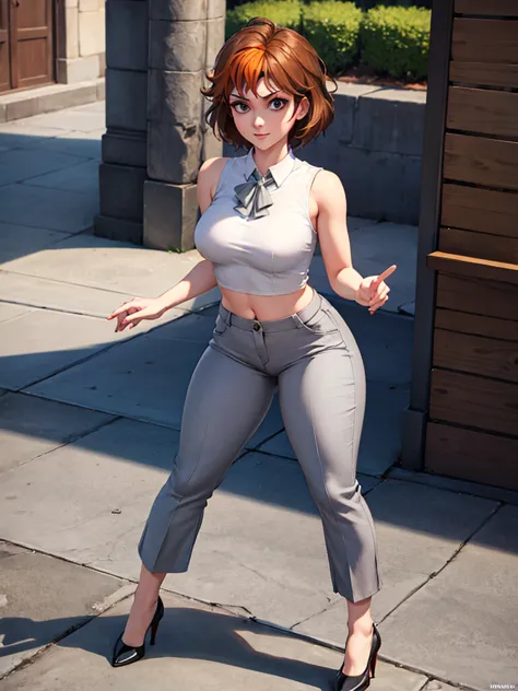 merula, full body, thighs, high heels, solo girl, medium tits, light grey bell pants