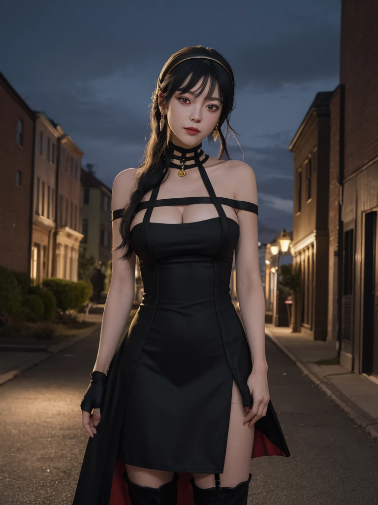 masterpiece, best quality, highres, aayorf, sidelocks, gold hairband, hair ornament, red eyes, gold earring, large breasts, choker, bare shoulders, black dress, two-sided dress, fingerless gloves, thigh boots, cowboy shot, standing, looking at viewer, outdoors, night, hand down, idle