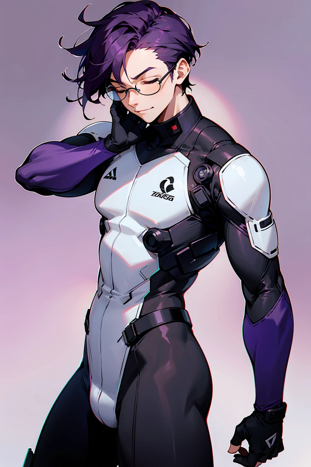 1male, Young Adult, Dark Purple Hair, Eyes Closed, Short Hair, Dojo Background, Slight Smile, Glasses, Standing In City, Detailed background, Black and White Combat Suit