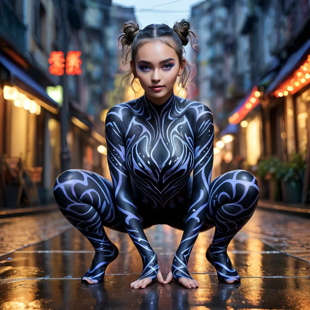 ((A young and very beautiful woman with night camo body painting is squatting with her legs spread wide:1.4))、(Raise your arms and place them behind your head to expose your armpits:1.5)、(Shooting from a low angle to emphasize the crotch:1.5)、(Anatomically correct fingers:1.5)、Attractive hairstyles、Ideal proportions、Porcelain-white skin、looking at the camera、A rainy night street、Detailed face and body、Photorealistic、8k、Super detailed、Cinematic lighting、Dramatic Shadows、Complex clothing folds、Rich environment、Bright colors、aetherpunkai