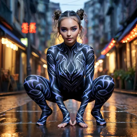 ((A young and very beautiful woman with night camo body painting is squatting with her legs spread wide:1.4))、(Raise your arms a...