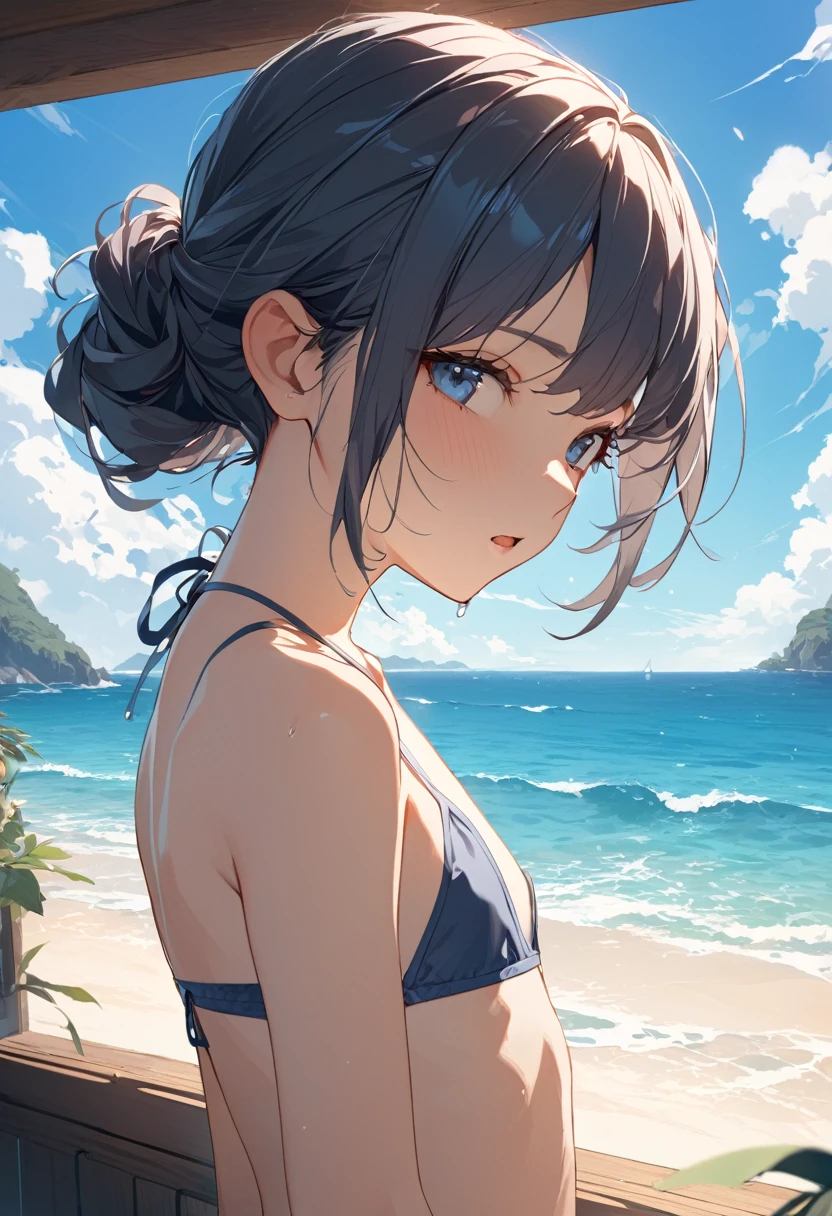 highest quality, masterpiece, Wallpapers by Unity 8k, (One Girl) , 17 years old、1girl,、Flat Chest、bikini、side boob、 blue sky、Ocean、Upper Body