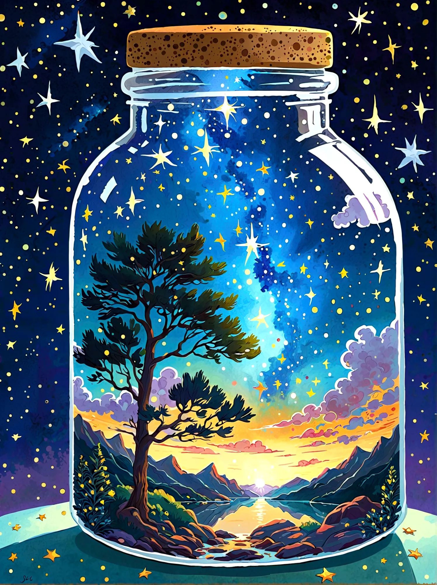 1pzsj1, Masterpiece，Top quality，(Very delicate and beautiful starry sky scenery trapped in a jar), world masterpiece theater, Hi...