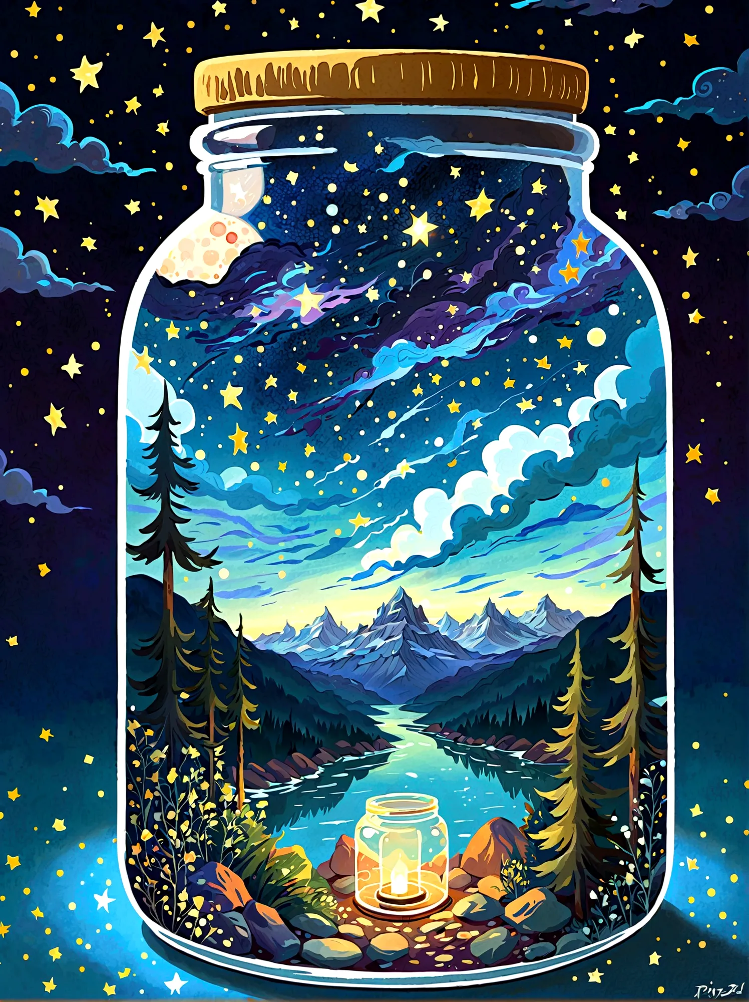 1pzsj1, Masterpiece，Top quality，(Very delicate and beautiful starry sky scenery trapped in a jar), world masterpiece theater, Hi...