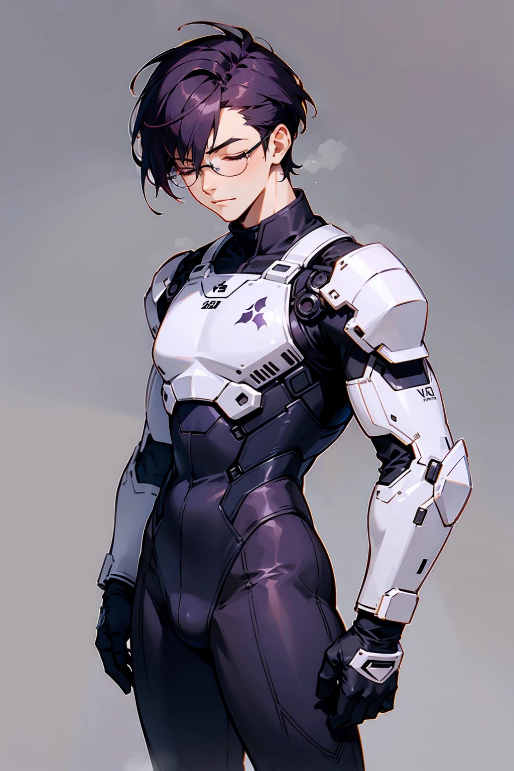 1male, Young Adult, Dark Violet Hair, Eyes Closed, Short Hair, Dojo Background, Slight Smile, Glasses, Standing In City, Detailed background, Black and White Combat Suit