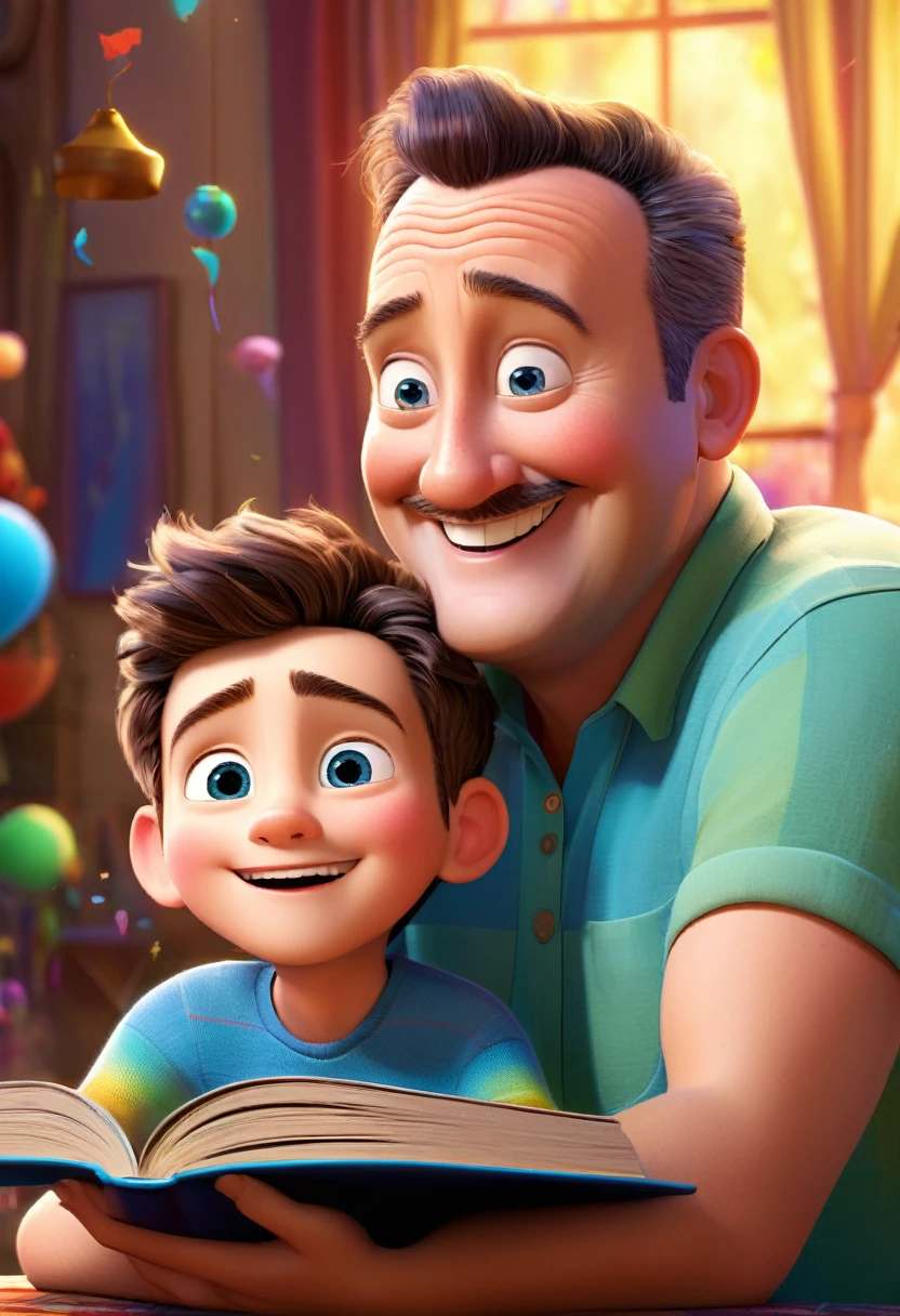 (amplio ángulo:1.2),(colores brillantes y vibrantes), (alta resolución), (Realista:1.37), Póster de la película Disney Pixar., (arte de Kevin James), flaco, sin musculo, (5 hombres y su hijo),padre e hijo, (hermosos ojos detallados:1.1), (hermosos labios detallados:1.1), sonriendo con una expresión cálida, (apariencia encantadora:1.1), (Iluminación profesional), (renderizado ultrafino), Tiro superior del cuerpo, (Rasgos faciales expresivos.:1.1), leyendo un libro al hijo, (leyendo atentamente:1.1), Rodeado de elementos mágicos que representan diferentes películas de Pixar., (composición dinámica), (detalles caprichosos), (personajes juguetones), fondo vibrante, lleno de color y alegría, (representación 3d), (estilo de arte fantástico), (estética nostálgica), (Atención a los detalles:1.1).
