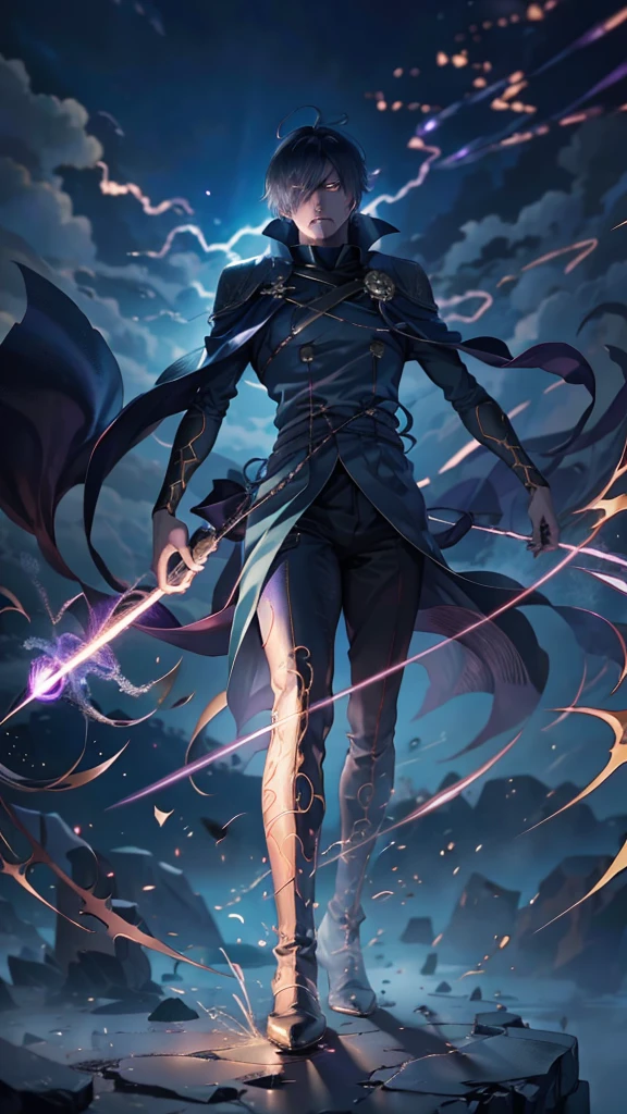 epic anime style, purple lightning, evil temperament, 20-year-old male shadow assassin, glowing black aura, shadow supervisor, handsome face, brilliant and majestic. Beautiful standard body and complete body structure. full body shot of a man with lightning in his hand, an epic anime about a purple energy man, in a battle stance with dark hair and glowing eyes looking at the viewer. Cool Gapmoe Yandere, menacing look, gintama's Hijikata Toushirou, inspired by Masanobu Okumura, the originator of the anime art style, Nobutaka Ike, the night war rages behind him. Highest image quality 8K, details everything 8K.