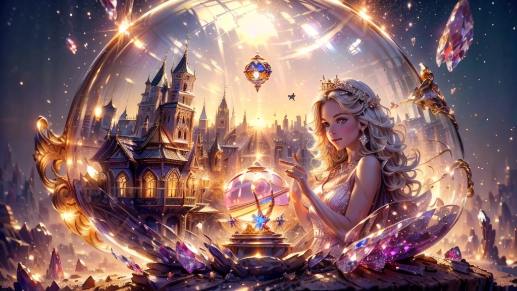 (One young man:1.56, A beautifully detailed dress in pale pink., Decorative star ,Trapped in a crystal ball flying above the city: 1.4), (Beautiful images, perfection, magic, Idyllic, dream: 1.54),Surreal, 32K High Resolution, (Maximum sharp focus: 1.3), (Maximum Outlook: 1.5), ,Sunset lighting, Cinema Lighting