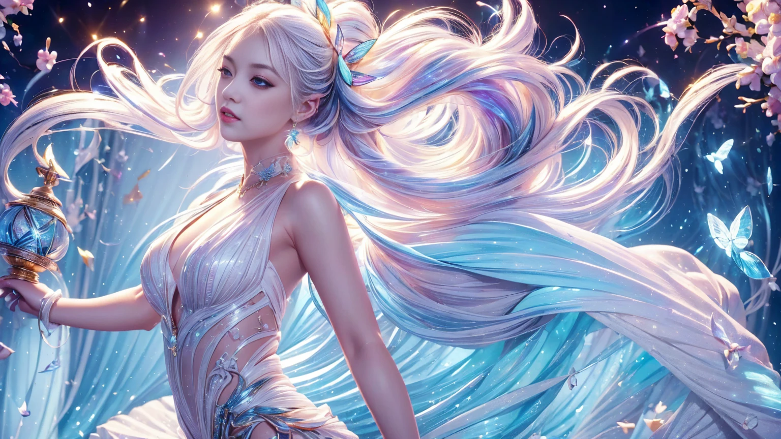 ((Upper Body)), Highest quality, masterpiece, Japanese women ((Shiny white hair)), ((Delicate pearly blue eyes)), Highly detailed goddess soul, Focus on the characters, alone, (Style Swirl Magic), alone, from the front, Front view, Looking at the audience, Detailed face, ((Glowing light magic circle theme)), Perched on a shelf, Tight neon body, Streaks of Light, Dark Abyss Wanderers Overview, ((A simple and shining neon dress)), Mysterious runes engraved on it, Outdoor dystopian background,