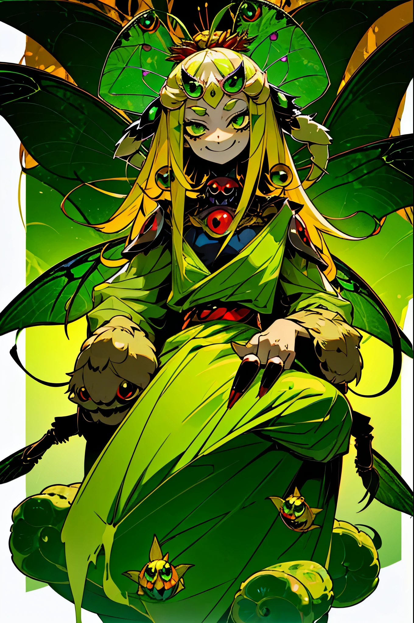 1girl, chibi spider girl, monster musume, 9 years old, hairy thin long spider legs, dragonfly wings, moth antenas on head, blonde long hair, yellow hair, green clothes, green eyes, flat chest, smiling innocently, innocent look, hades style, hadesstyle, hades2style, hades 2 style