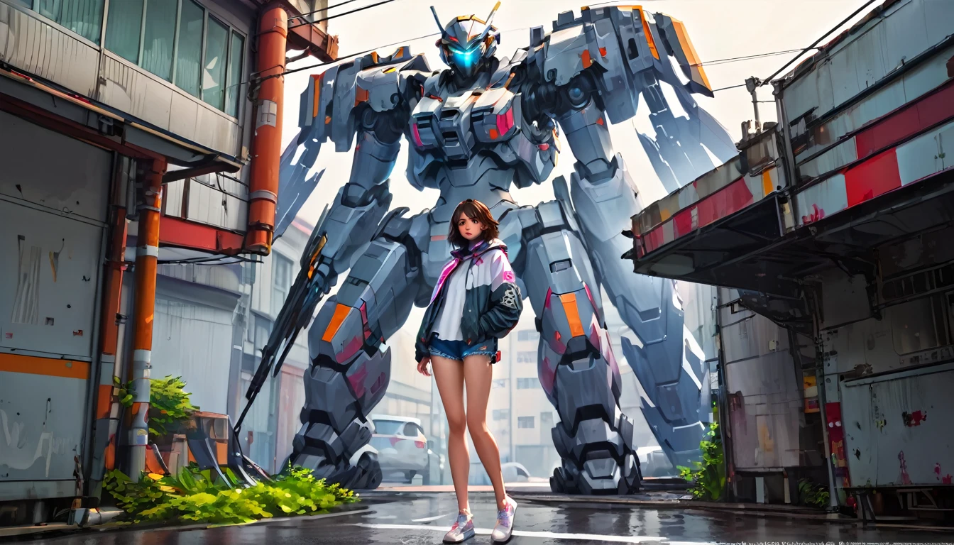 Anime girl in shorts and jacket standing next to a giant robot, artwork in the style of Gwaiz, Cyberpunk Anime Girl Mecha, Trending on cgstation, Gwaiz, By Russell Dongjun Lu, Digital Cyberpunk Anime Art, Lostrun 8k, Gwaiz on artstation pixiv, Girl wearing mecha cyber armor