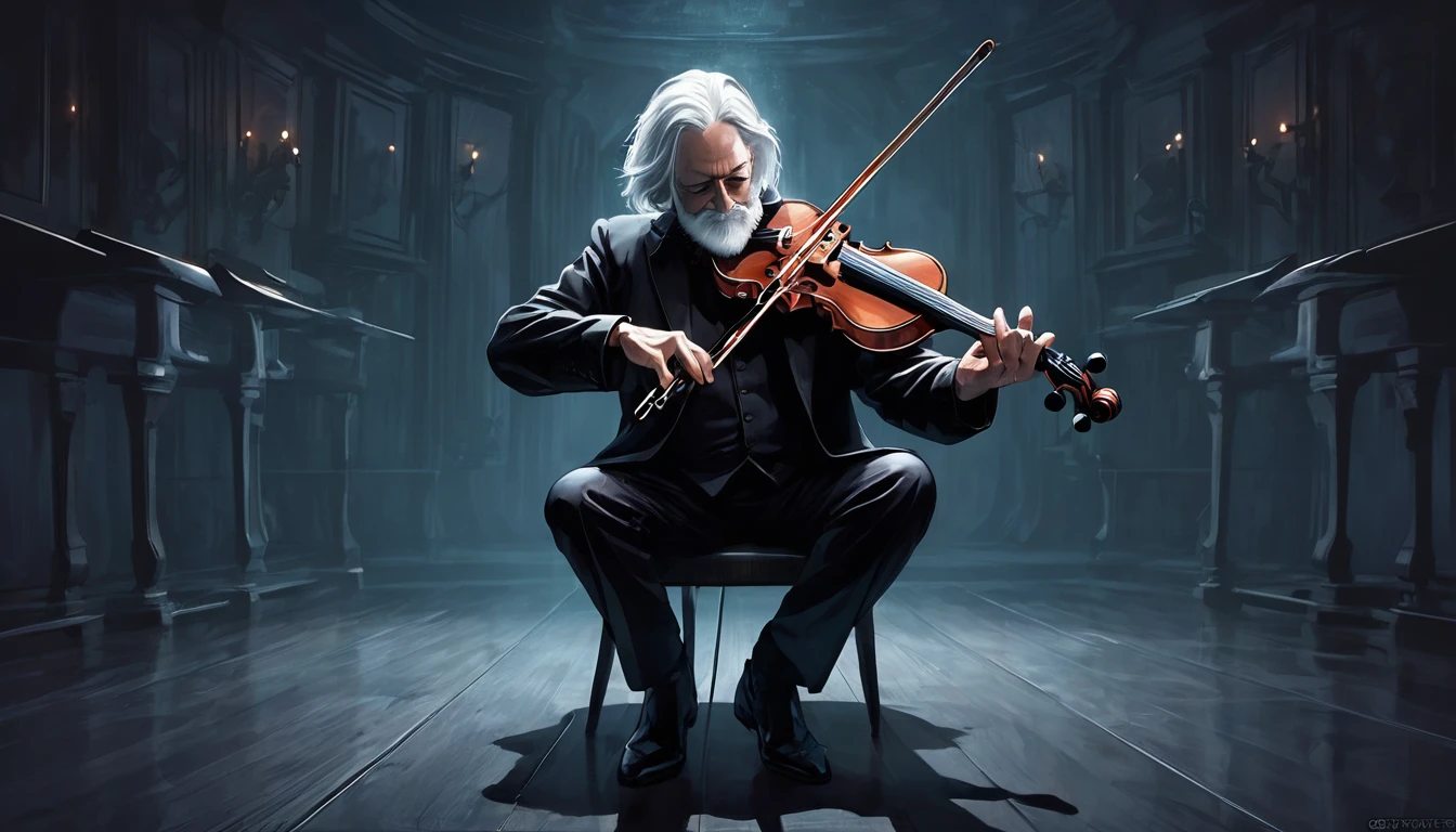 Image of a man in his 50s playing the violin in a dark room, Fantasy Violin, Kerem Couplet, Art for Dark Metal Music, Dark but detailed digital art, 8 0&#39;s style tomasz alen kopera, (Fantasy Violin), Tomasz Alen Kopela and CGsociety, Dramatic works of art, Stephen Gesell, Slavomir Maniac