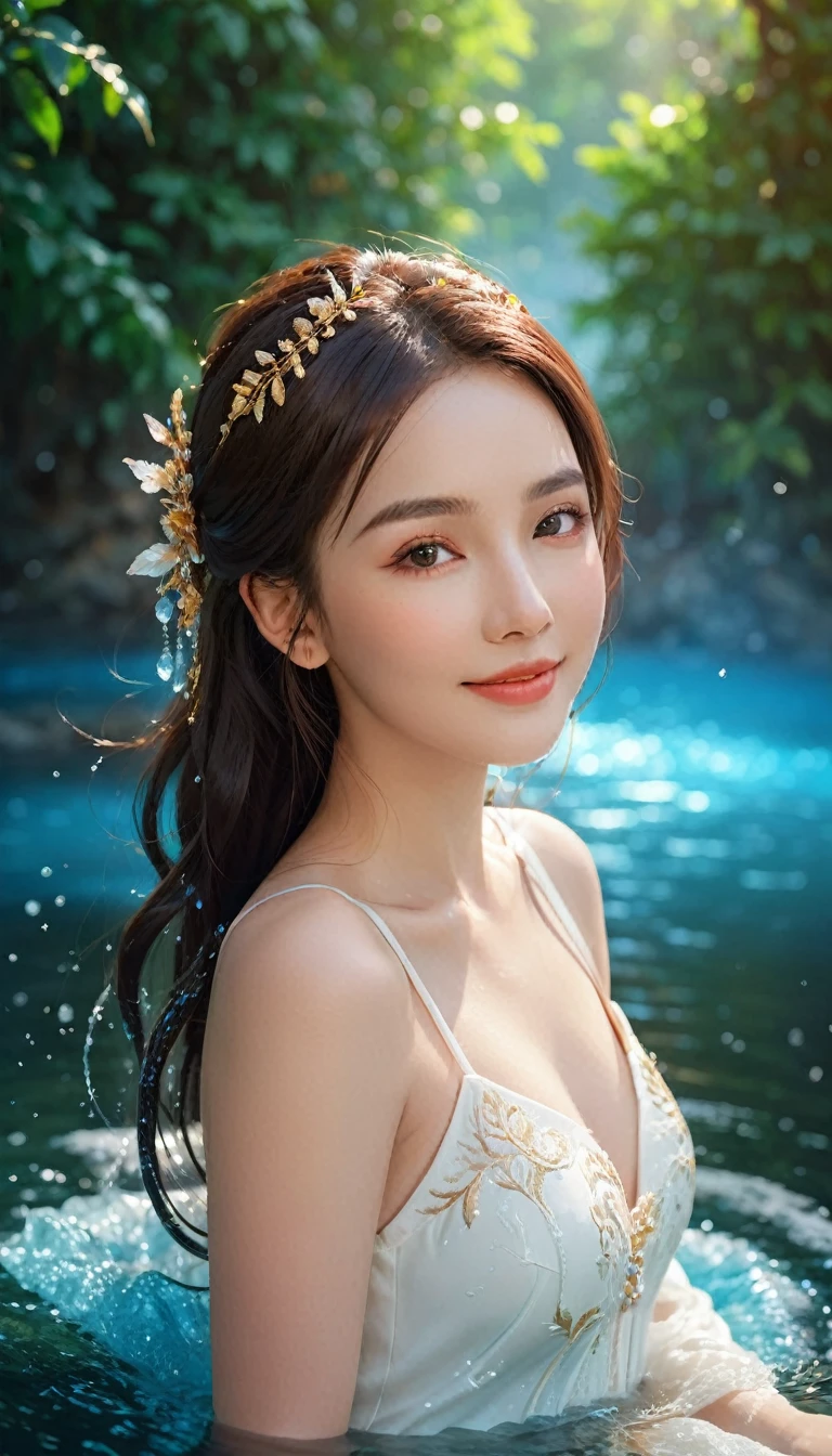 a beautiful woman with a lovely smile, particle effects, floating water, sexy and luscious body, fantasy anime-inspired style, rich and vibrant colors, highly detailed and complex, cinematic bokeh background, 8k, ultra-detailed, photorealistic, professional, masterpiece:1.2, (best quality:1.2), (realistic:1.37), cinematic lighting, elegant, graceful, goddess-like, porcelain skin, seductive eyes, plump lips, flowing hair, intricate ornaments, fantasy elements, dream-like atmosphere, atmospheric, ethereal