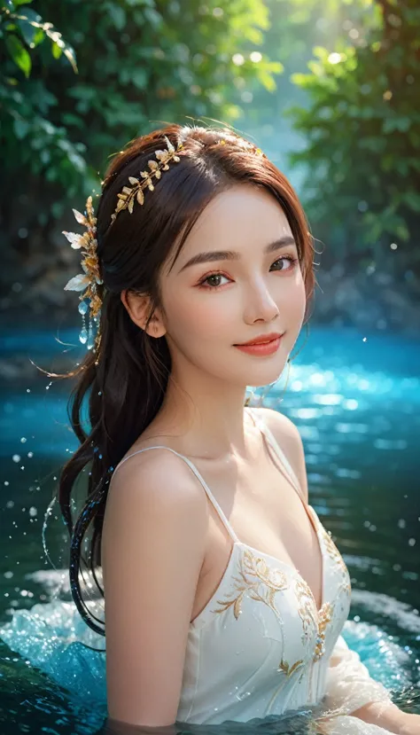 a beautiful woman with a lovely smile, particle effects, floating water, sexy and luscious body, fantasy anime-inspired style, r...