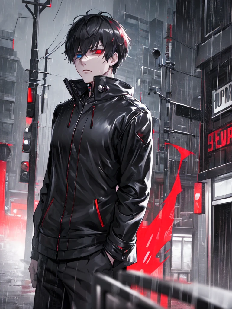 1 boy, Kaneki Fem, unbuttoned hoodie, dripping rain, Red and black color palette, detailed eyes and face, One, heterochromia, Black background, bang, red eyes black sclera, blue eyes normal sclera, black long ash hair, Menacing aura, dark atmosphere, mysterious atmosphere, Intense expression, urban setting, Smoke and shadows, haunting presence, stylish and edgy, ray tracing, perfect combination of light and dark, gaze, Captivating presence, smooth and sharp, Contrast of red and black, supernatural abilities suggested, Rain-drenched streets, atmosphere of danger, Mysterious personality, urban gothic aesthetic, Stormy weather, exciting and alluring, shade of blood red, smoky streets, thoughtful protagonist, stormy skies,(unbutton your pants),(Open the bottom zipper), (Best quality, 8K, A high resolution)