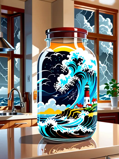 (flat, user interface vector style), (world in a bottle), Breathtaking epic scenes，Optical illusion of a lighthouse in a storm，T...
