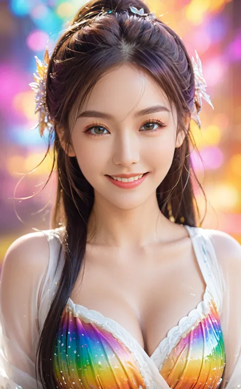 a beautiful young woman with a bright smile, detailed eyes, and long eyelashes, particle effects floating around her, streaming ...