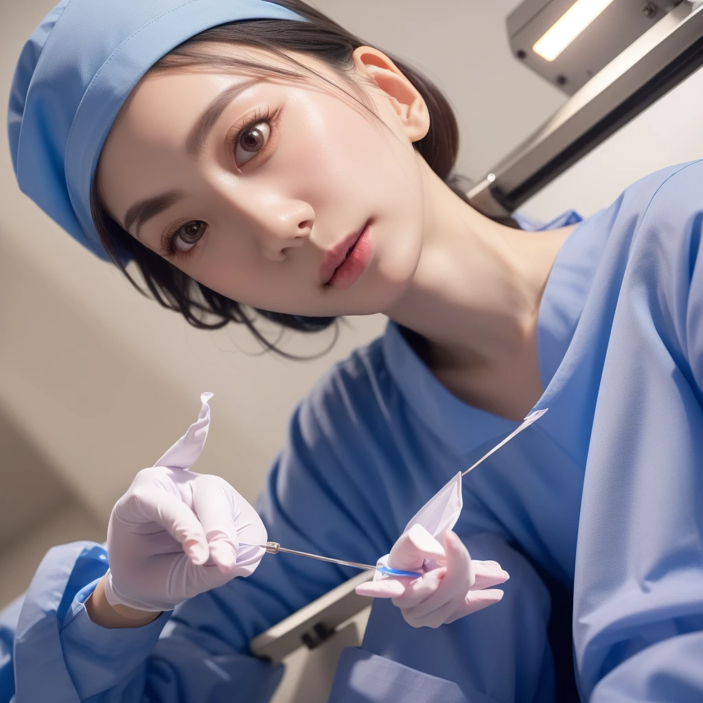 modern operating room, overhead surgical light, looking downward, (1girl:1.47), surgery_pov, view from below, pov, beautiful slim Korean woman, wearing (long sleeve surgical outfit, surgical mask, surgical gloves, surgical cap), solid circle eyes, ccurate, sparkling eyes, high detail, photo-realistic:1.37, 8k, super detail, best quality, masterpiece, anatomically correct, super detail, textured skin, extremely detailed face and eyes, detailed facial features, ((perfect face))