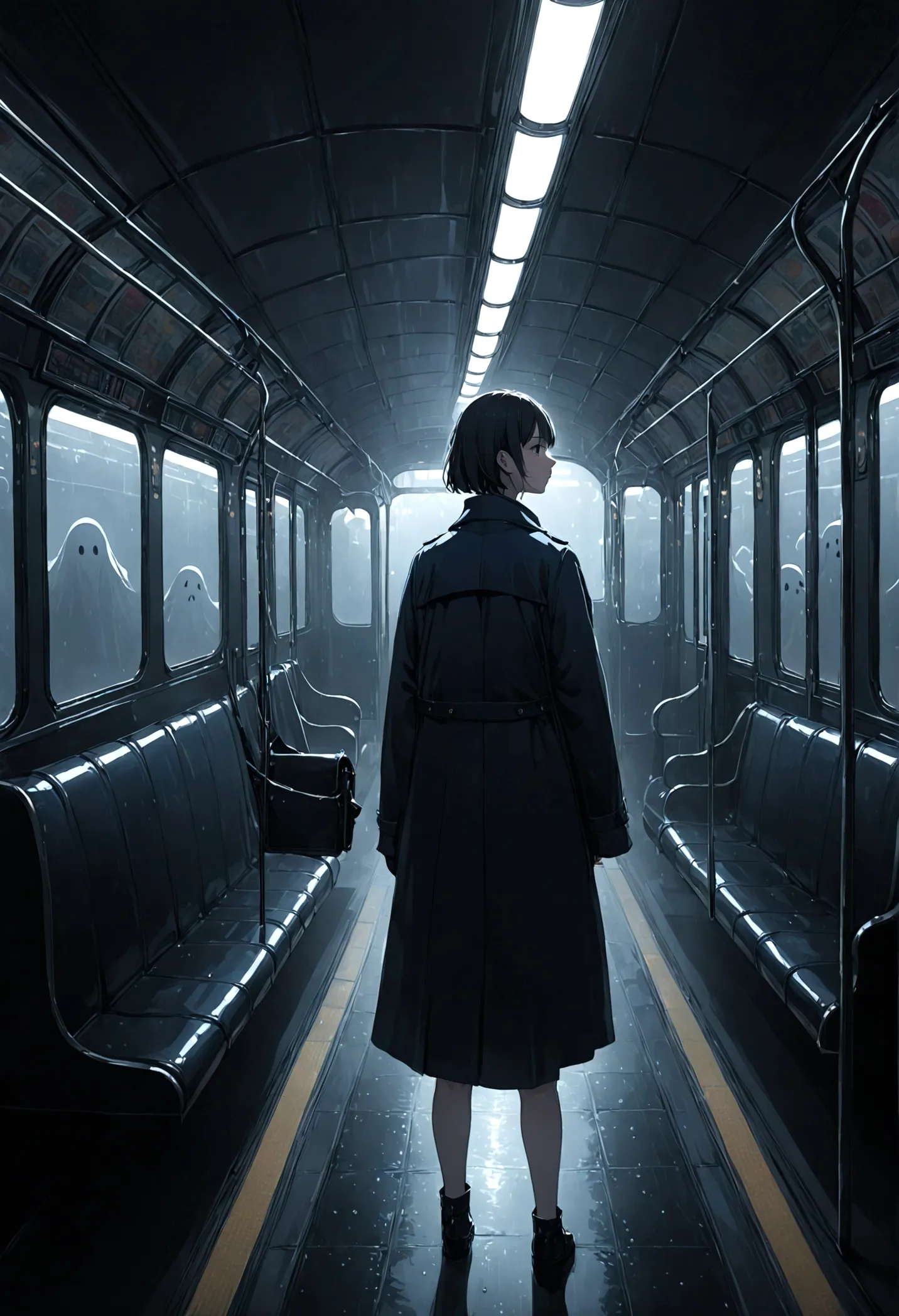 ((masterpiece), absurd quality, 16k, 1 girl with short hair, wearing a dark blue coat, she is long, dimly lit subway. the perspe...