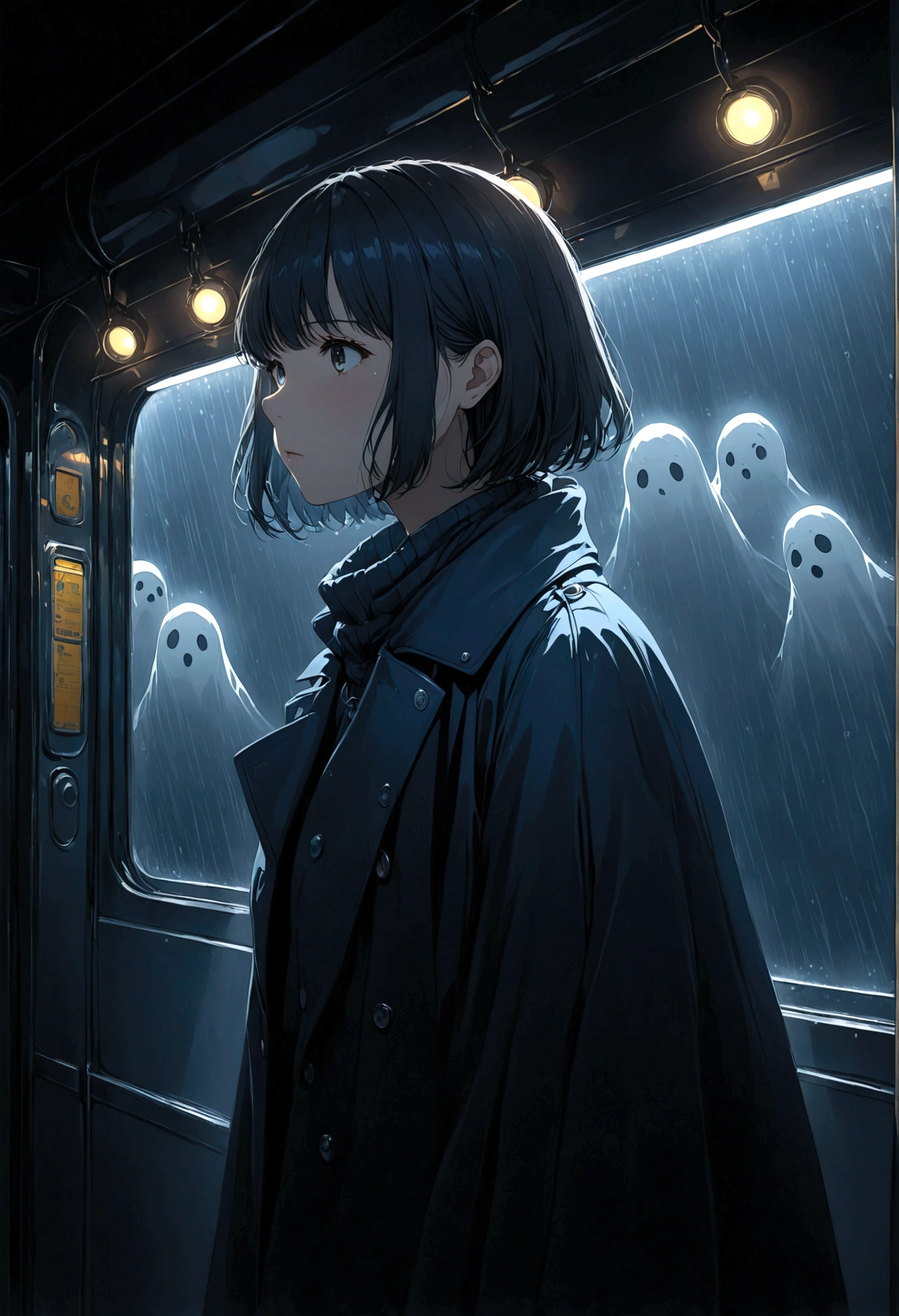 ((masterpiece), Absurd quality, 16K, 1 girl with short hair, Wearing a dark blue coat, She is long, Dimly lit subway. The perspective camera captures the entire vehicle. In the carriage, Innermost, In a dark corner not well lit by the flashing lights, A faceless ghost appears dressed in transparent black clothing, It is translucent, The lighting is so dim that you can barely see anything. The girl in profile is breathing in cold air through her breath. Cold raindrops fall on the foggy window、A dim light shines in from outside。, Brighten up the interior atmosphere..A girl with a calm and thoughtful expression, The faceless man watches silently.