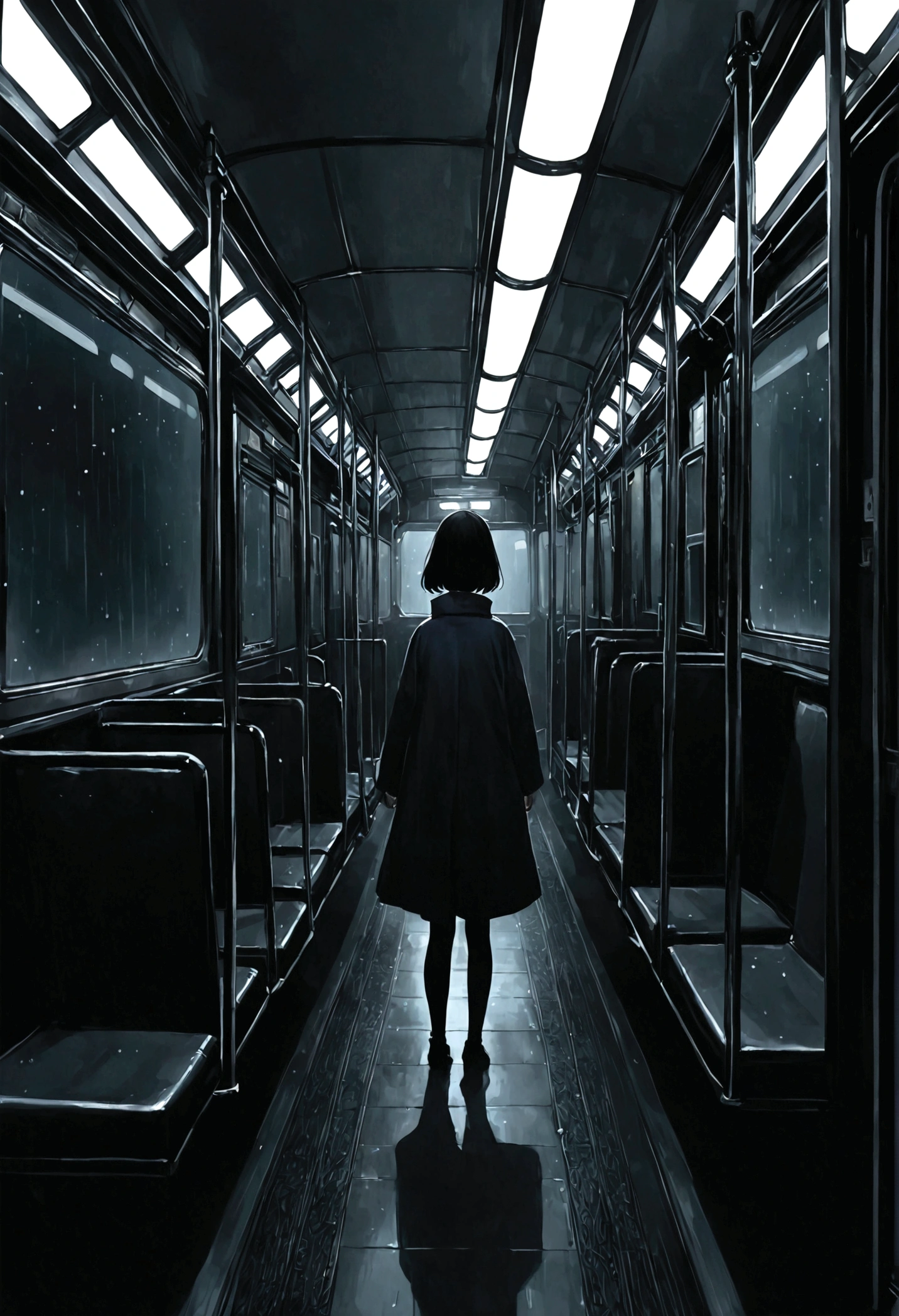 ((masterpiece), Absurd quality, 16K, 1 girl with short hair, Wearing a dark blue coat, She is long, Dimly lit subway. The perspective camera captures the entire vehicle. In the carriage, Innermost, In a dark corner not well lit by the flashing lights, A faceless ghost appears dressed in transparent black clothing, It is translucent, The lighting is so dim that you can barely see anything. The girl in profile is breathing in cold air through her breath. Cold raindrops fall on the foggy window、A dim light shines in from outside。, Brighten up the interior atmosphere..A girl with a calm and thoughtful expression, The faceless man watches silently.