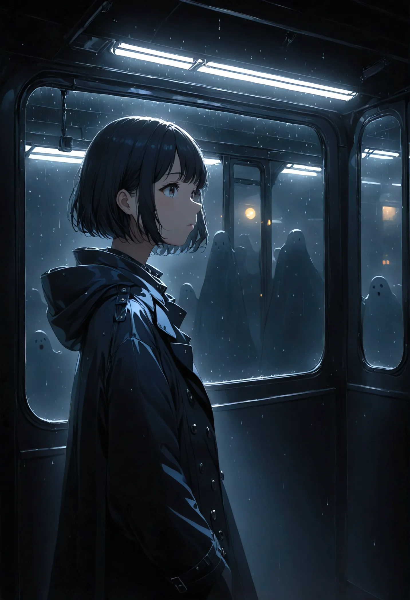 ((masterpiece), absurd quality, 16k, 1 girl with short hair, wearing a dark blue coat, she is long, dimly lit subway. the perspe...