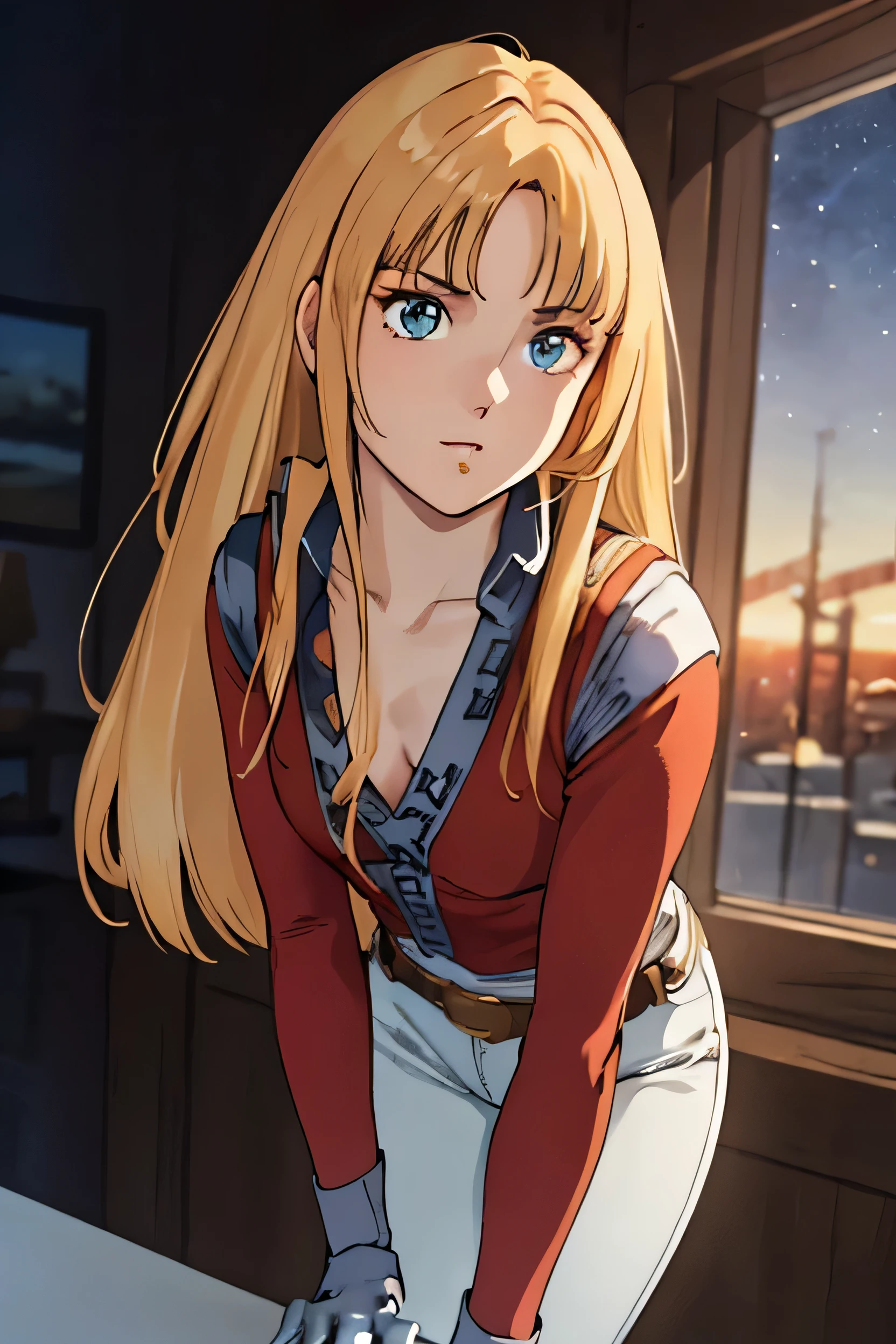 masterpiece, Highest quality, space, One Girl,alone,Cowboy Shot,SF,
 Alfin,Blonde, Long Hair,Highly detailed face, Perfect lighting, Extremely detailed CG, (Perfect hands, Perfect Anatomy),Not wearing underwear, No bra, morning, sunlight, Best Shadow, Best lighting, Leaning forward, Medium Chest, Red long down blouse, 