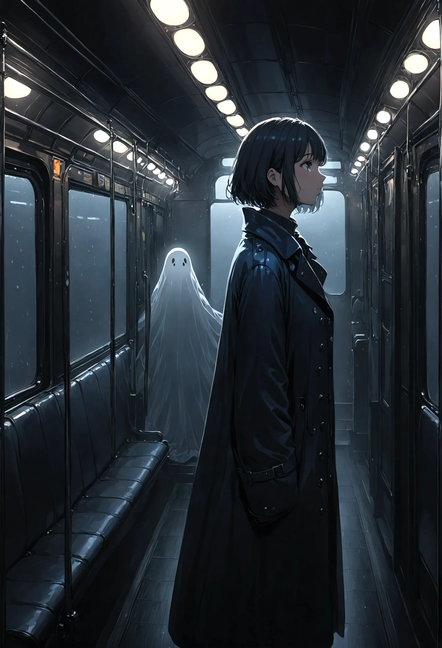 ((masterpiece), absurd quality, 16k, 1 girl with short hair, wearing a dark blue coat, she is long, dimly lit subway. the perspe...