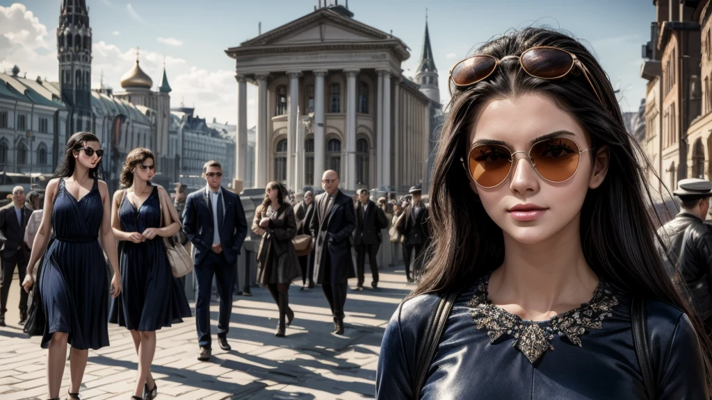 masterpiece, best quality, extremely detailed, hyperrealistic:1.1, photorealistic, a beautiful 20s russian model, ultra detailed face:1.1, sunglasses on head:1.1, navy dress, black hair, train station, half smile, walking