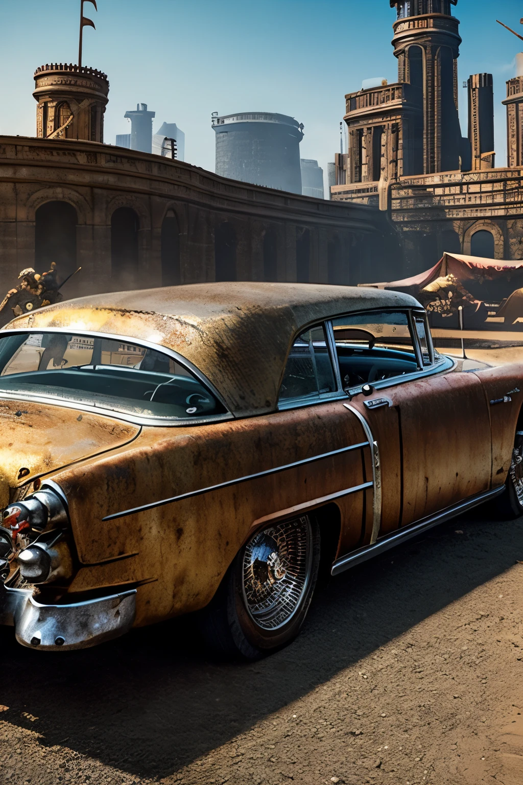 image fidèle d&#39;un vieux eldorado cadilac rouillé de 1955 avec des pointes et des pointes sur le capot, Voiture Steampunk, l&#39;art dramatique, style artistique dieselpunk, Ambiance apocalyptique Road Warrior, une fille à lunettes de soleil se tient dans la voiture, art numérique surréaliste, Mad Max inspiré, heavy art du métalwork, symétrie du visage chromé, art steampunk numérique, Il&#39;ce n&#39;est pas le style Mad Max, art du métal, Il&#39;ce n&#39;est pas Filip Hodas&#39; Style artistique, art numérique Steampunk, dieselpunk
