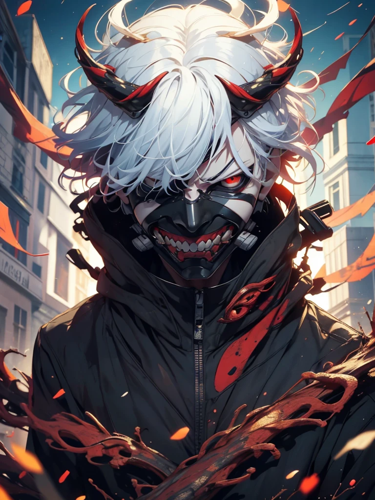 8k, anime, portrait, best quality, ultra high res, ultra detailed, high contrast color tone, extremely detailed lighting, soft lights, (masterpiece, high quality:1.4), (kaneki ken, white hair, red and black eye, mask | teeth, blood eyes, black jacket, scorpio tentacles), blood, ((full body)), (dynamic pose), ruined city background, thrilling, (fierce face)