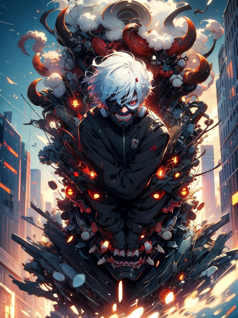 8k, anime, portrait, best quality, ultra high res, ultra detailed, high contrast color tone, extremely detailed lighting, soft lights, (masterpiece, high quality:1.4), (kaneki ken, white hair, red and black eye, mask | teeth, blood eyes, black jacket, scorpio tentacles), blood, ((full body)), (dynamic pose), ruined city background, thrilling, (fierce face)