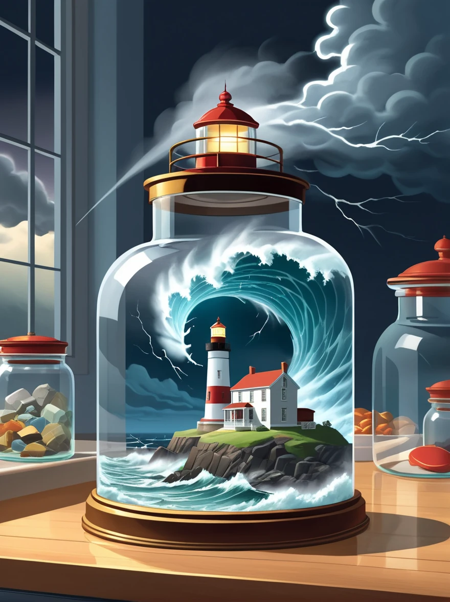 (flat, user interface vector style), (world in a bottle), Breathtaking epic scenes，Optical illusion of a lighthouse in a storm，Thunderstorm，(Inside the glass jar), Glass jars on the kitchen counter，Ray Tracing，Awe，Swirling mist，Awe，mystery，Jay Anacleto&#39;s style，Bokeh，The award-winning，major，Highly detailed，1pzsj1