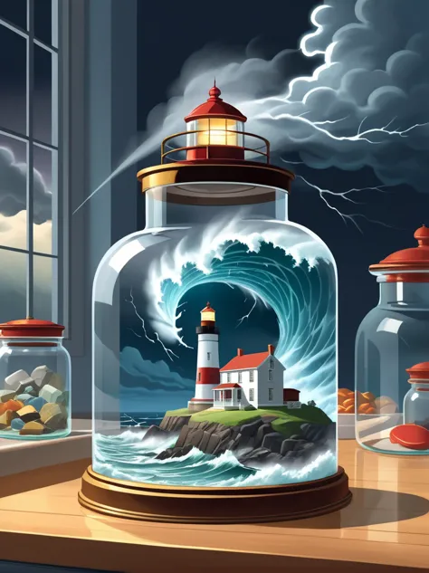 (flat, user interface vector style), (world in a bottle), Breathtaking epic scenes，Optical illusion of a lighthouse in a storm，T...