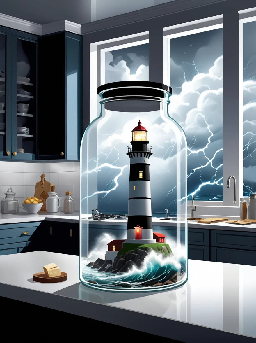 (flat, user interface vector style), (world in a bottle), Breathtaking epic scenes，Optical illusion of a lighthouse in a storm，Thunderstorm，(Inside the glass jar), Glass jars on the kitchen counter，Ray Tracing，Awe，Swirling mist，Awe，mystery，Jay Anacleto&#39;s style，Bokeh，The award-winning，major，Highly detailed，1pzsj1