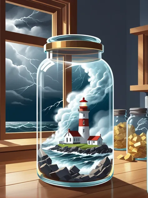 (flat, user interface vector style), (world in a bottle), Breathtaking epic scenes，Optical illusion of a lighthouse in a storm，T...