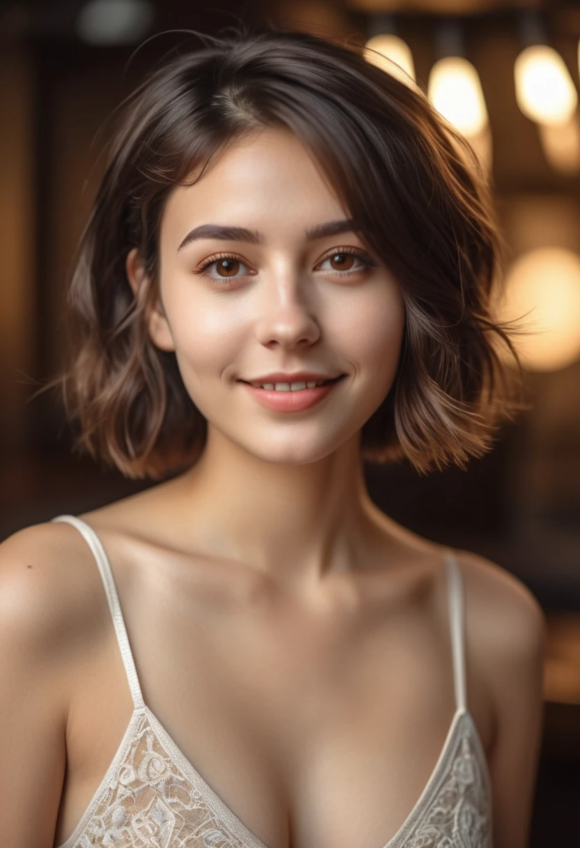 a beautiful 25 year old girl with natural brown hair and short cuts, brown eyes, and a gentle smile staring at the camera, wearing a revealing outfit showing cleavage, in a detailed background with cinematic lighting, ultra detailed, high definition, 8k, very detailed, masterpiece, best quality, film grain, fujifilm color, shallow depth of field, natural light, perfect face