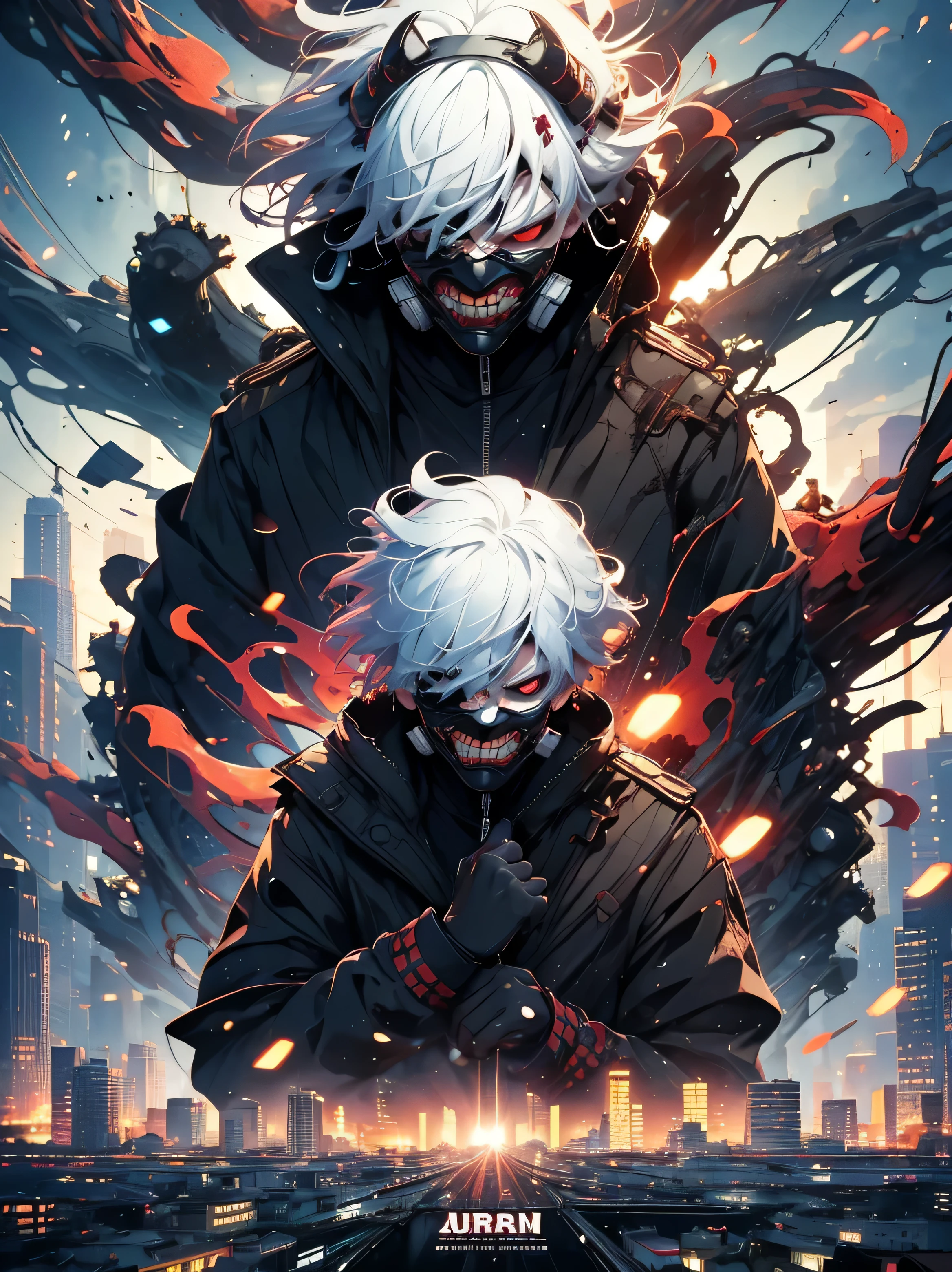 8k, anime, portrait, best quality, ultra high res, ultra detailed, high contrast color tone, extremely detailed lighting, soft lights, (masterpiece, high quality:1.4), (kaneki ken, white hair, red and black eye, mask | teeth, blood eyes, black jacket, scorpio tentacles), blood, ((full body)), (dynamic pose), ruined city background, thrilling, (fierce face)