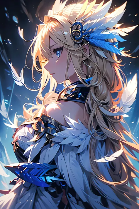 4K quality:1.2,Super beautiful illustration:1.2,Seraph,((Six white feathers on the back)),blonde,long hairstyles,((Beautiful cob...