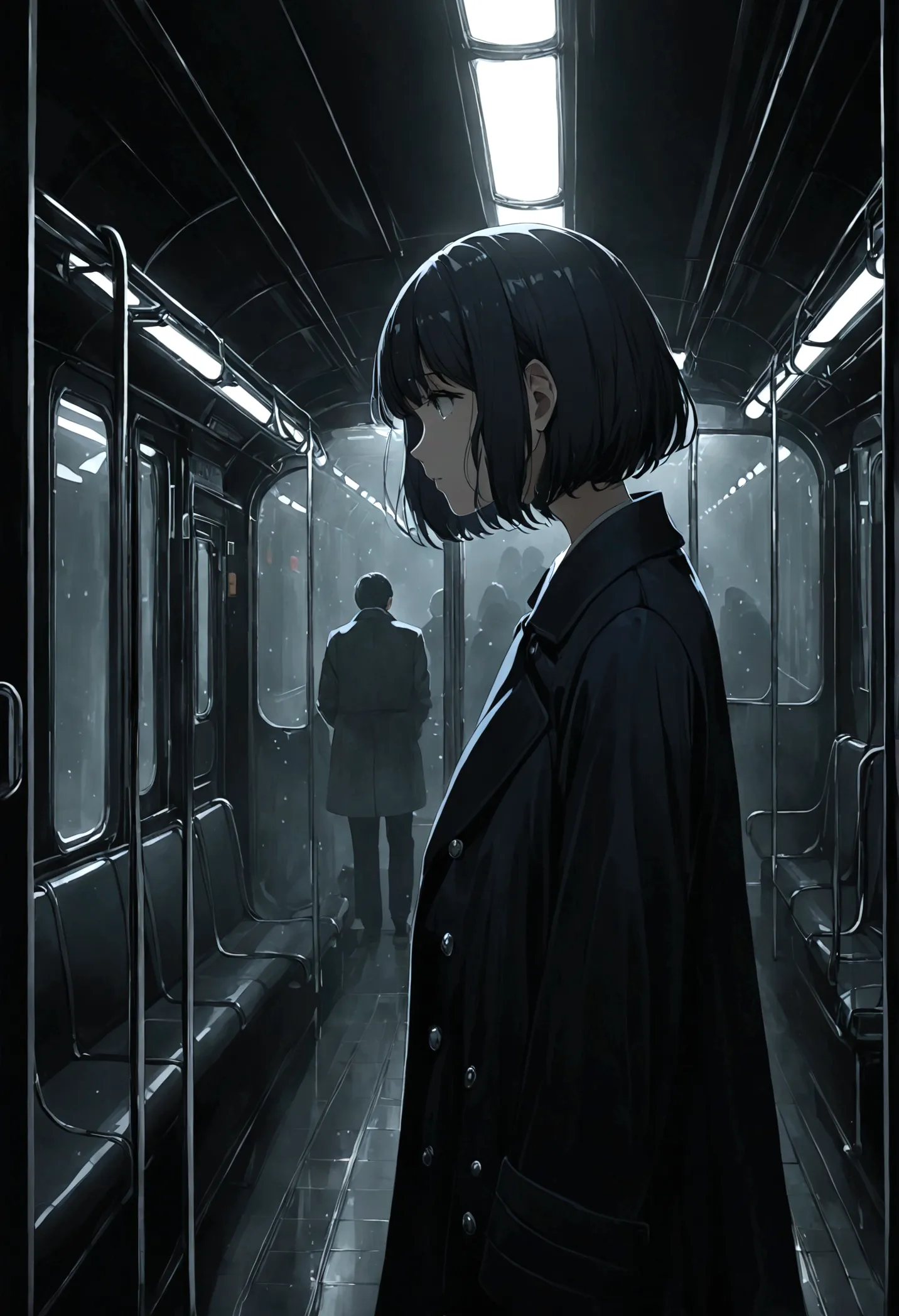 ((masterpiece), absurd quality, 16k, 1 girl with short hair, wearing a dark blue coat, she is long, dimly lit subway. the perspe...