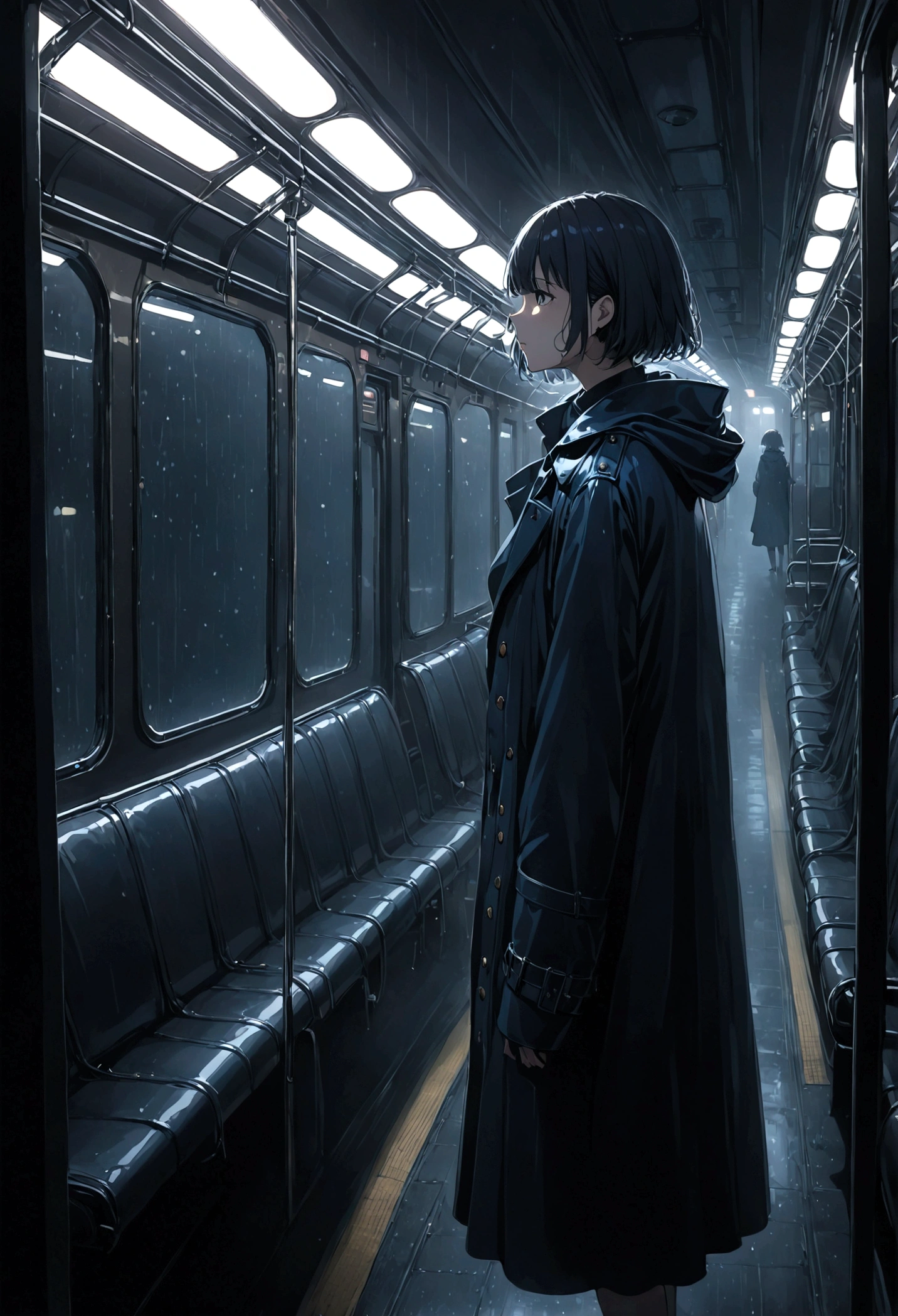 ((masterpiece), Absurd quality, 16K, 1 girl with short hair, Wearing a dark blue coat, She is long, Dimly lit subway. The perspective camera captures the entire vehicle. In the carriage, Innermost, In a dark corner not well lit by the flashing lights, A faceless ghost appears dressed in transparent black clothing, It is translucent, The lighting is so dim that you can barely see anything. The girl in profile is breathing in cold air through her breath. Cold raindrops fall on the foggy window、A dim light shines in from outside。, Brighten up the interior atmosphere..A girl with a calm and thoughtful expression, The faceless man watches silently.Are crying