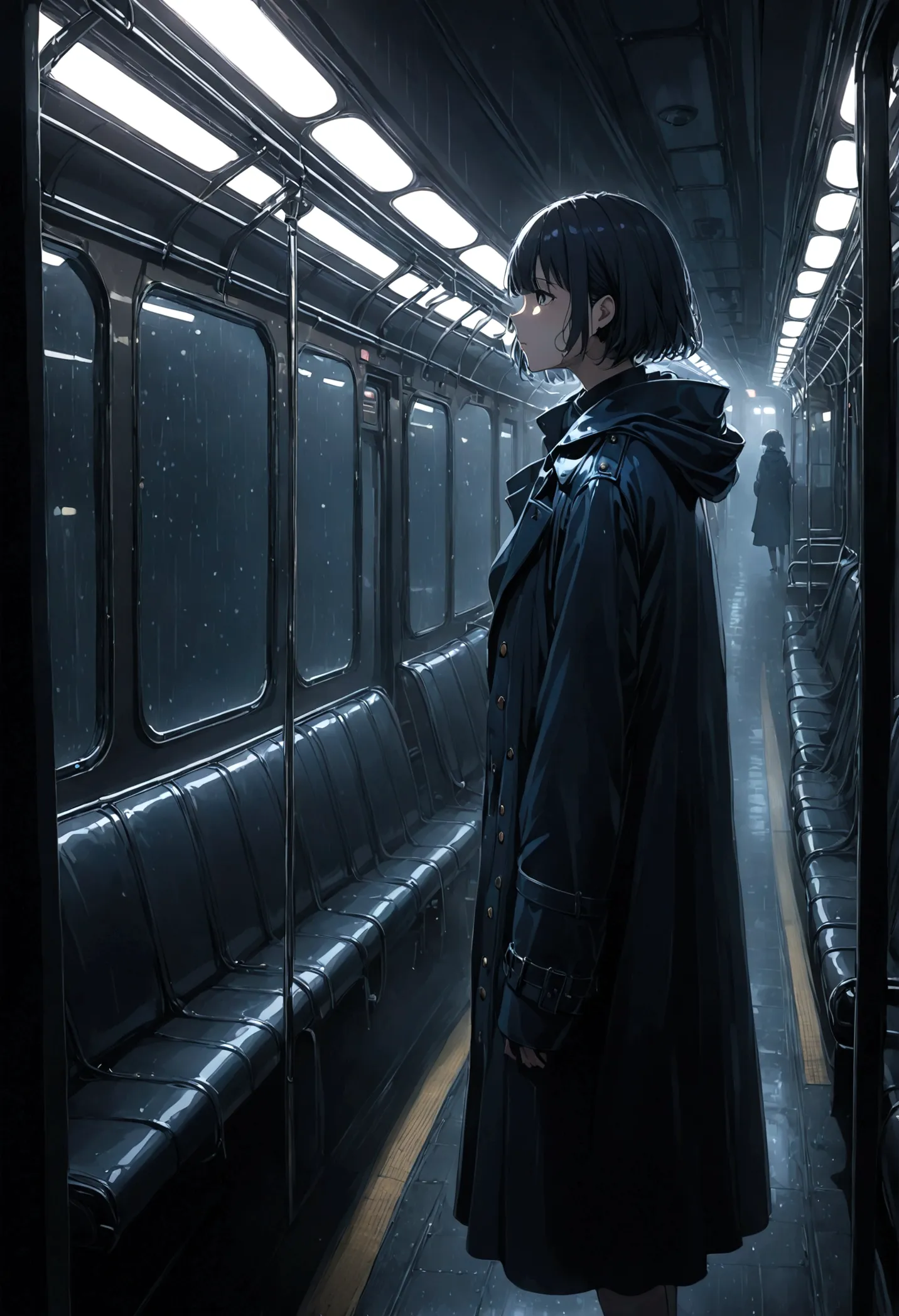 ((masterpiece), absurd quality, 16k, 1 girl with short hair, wearing a dark blue coat, she is long, dimly lit subway. the perspe...