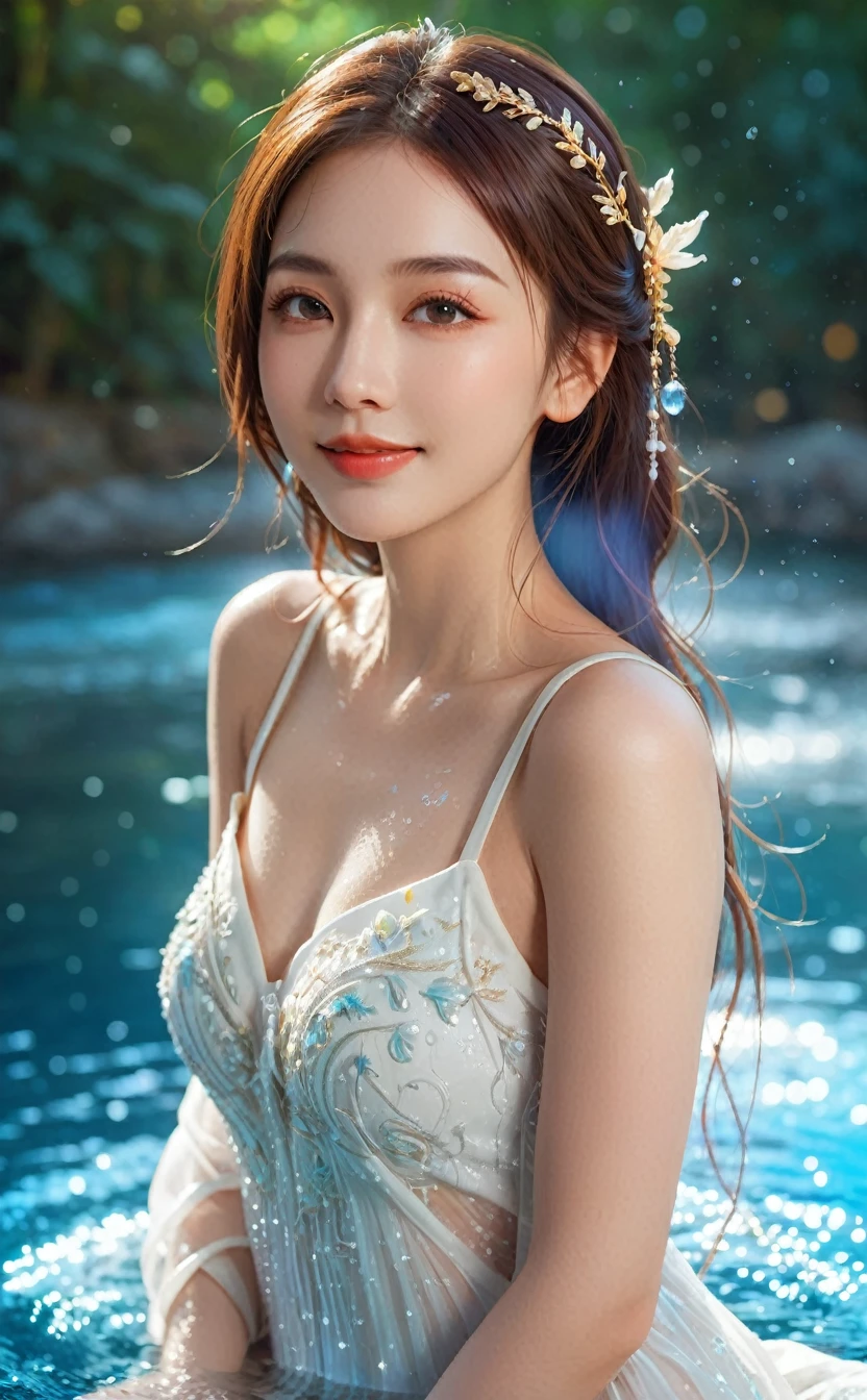 a beautiful woman with a lovely smile, particle effects, floating water, sexy and luscious body, fantasy anime-inspired style, rich and vibrant colors, highly detailed and complex, cinematic bokeh background, 8k, ultra-detailed, photorealistic, professional, (masterpiece:1.2), (best quality:1.2), (realistic:1.37), cinematic lighting, elegant, graceful, goddess-like, porcelain skin, seductive eyes, plump lips, flowing hair, intricate ornaments, fantasy elements, dreaming atmosphere, atmospheric, ethereal