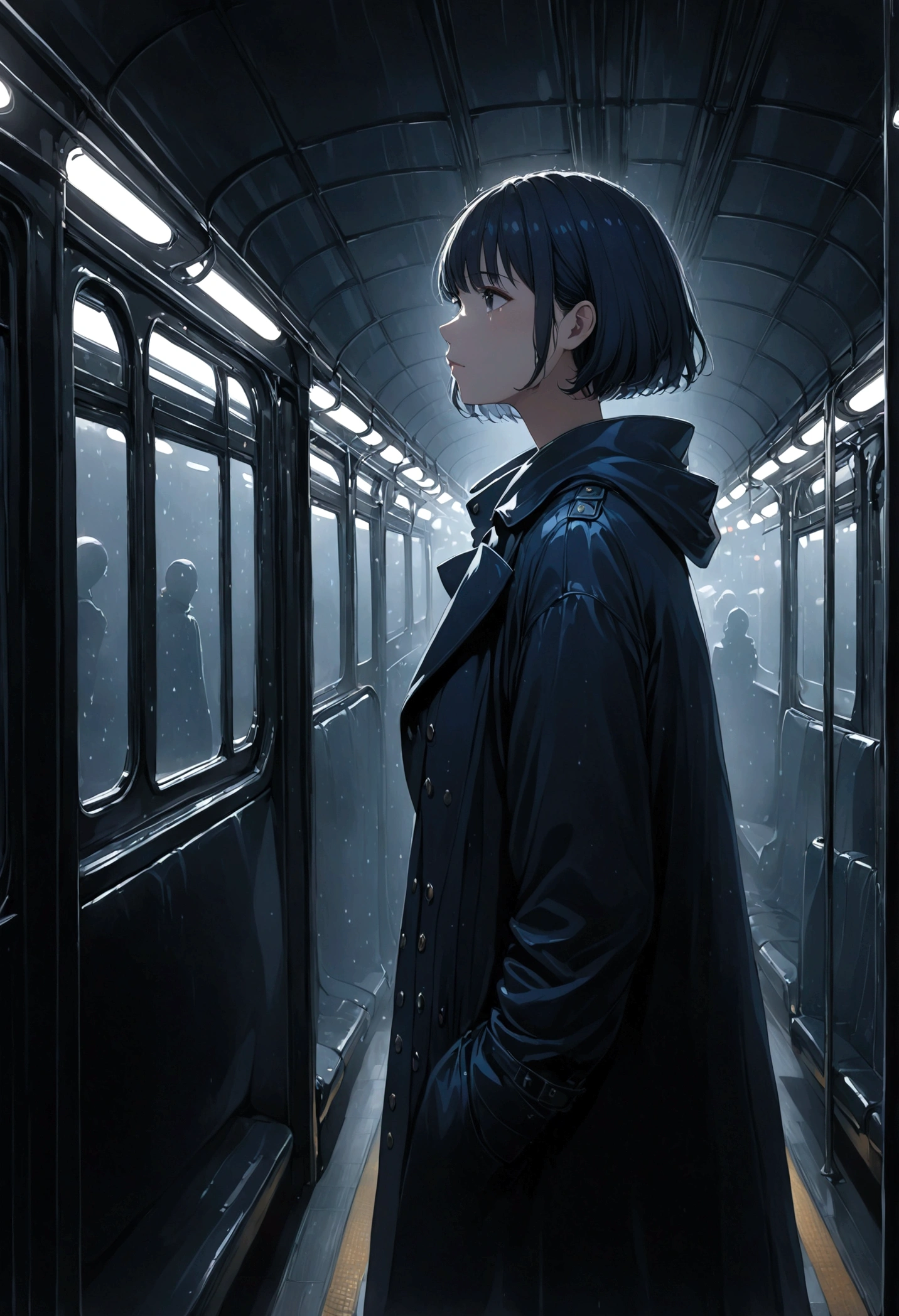 ((masterpiece), Absurd quality, 16K, 1 girl with short hair, Wearing a dark blue coat, She is long, Dimly lit subway. The perspective camera captures the entire vehicle. In the carriage, Innermost, In a dark corner not well lit by the flashing lights, A faceless ghost appears dressed in transparent black clothing, It is translucent, The lighting is so dim that you can barely see anything. The girl in profile is breathing in cold air through her breath. Cold raindrops fall on the foggy window、A dim light shines in from outside。, Brighten up the interior atmosphere..A girl with a calm and thoughtful expression, The faceless man watches silently.Are crying