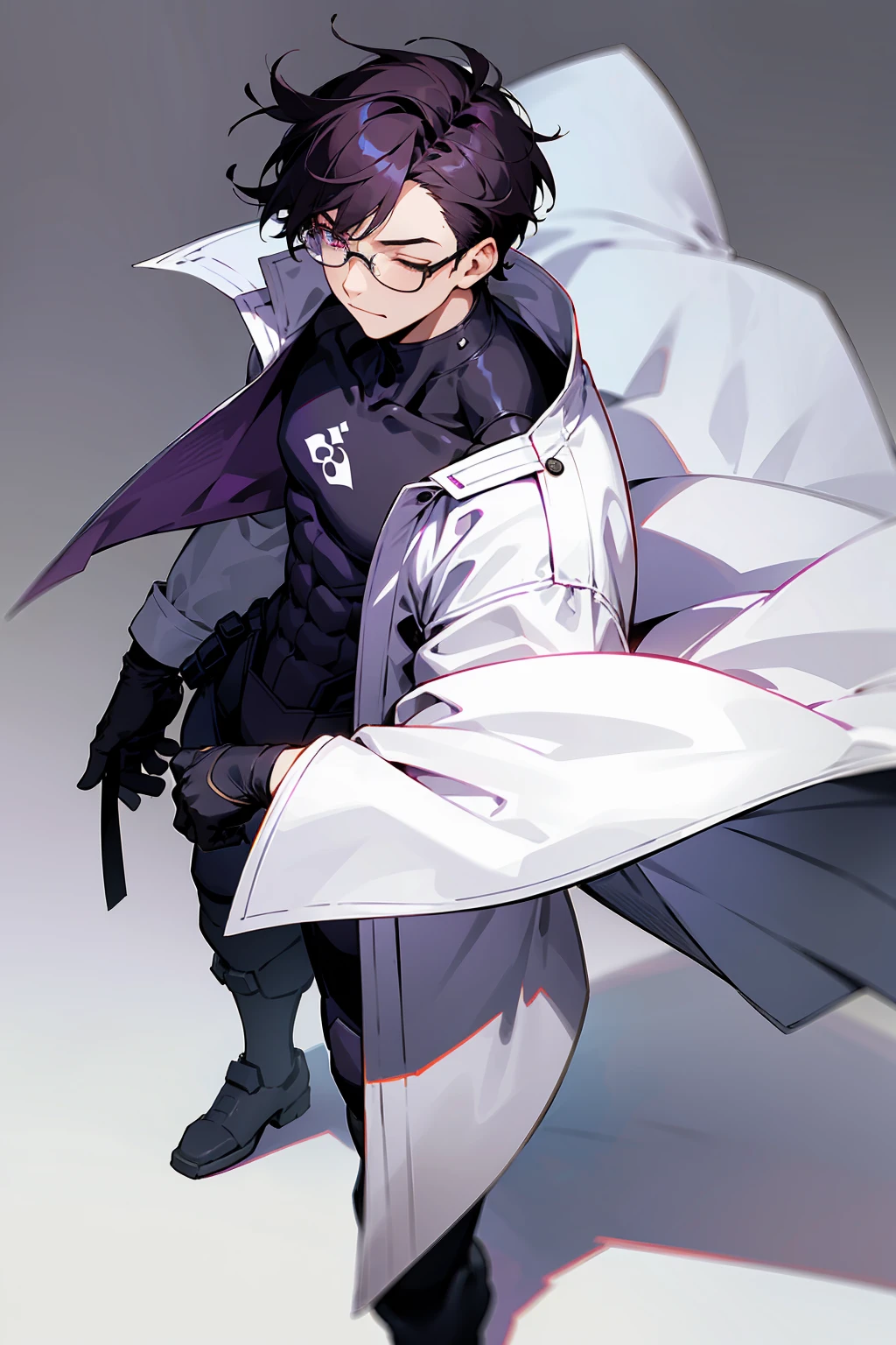 1male, Young Adult, Dark Violet Hair, Eyes Closed, Short Hair, Dojo Background, Slight Smile, Glasses, Standing In City, Detailed background, Black and White Combat Suit, White Coat