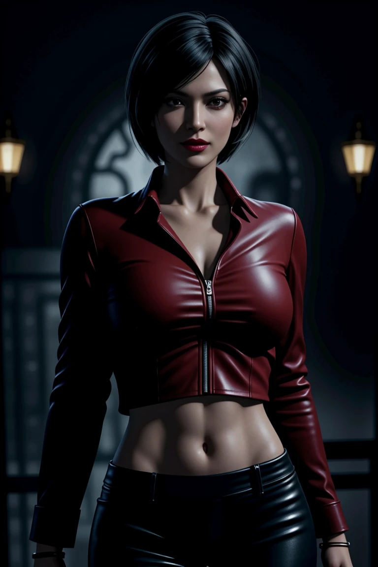 Resident Evil 6,Ada,Short Hair,Red Shirt,Stand up your collar,Black Leather Pants,Photorealistic,Ultra HD,high quality,masterpiece,Digital SLR,Detailed details,Intricate details,Anatomical basis,Depicted in detail,A detailed face,Realistic skin texture,Vivid details,Perfect Anatomy,Perfect Anatomy,Anatomically correct hand,Anatomically correct fingers,Super Detail,Complex 3D rendering,Sexy pose,Rainy Sky,Beautiful scenery,Fantastic rainy sky,Picturesque,Red Lip,smile,