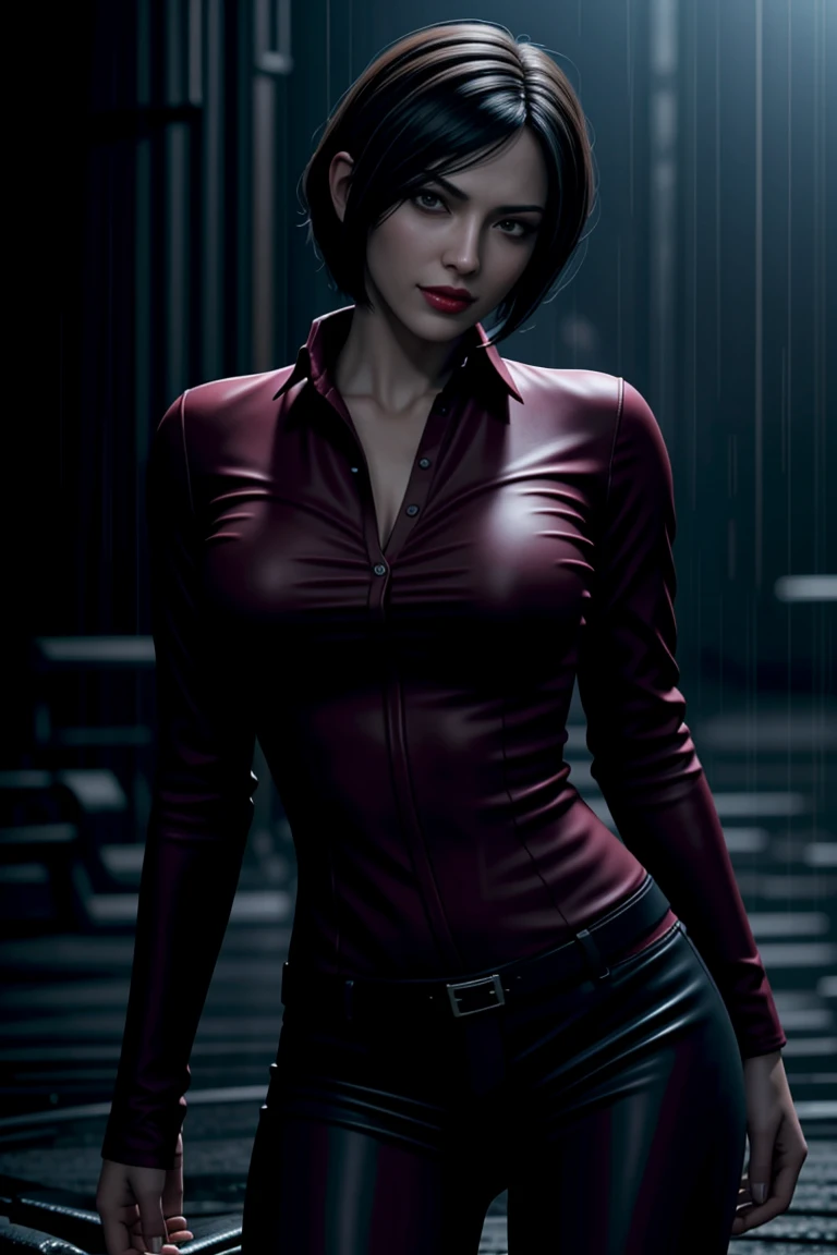 Resident Evil 6,Ada,Short Hair,Red Shirt,Stand up your collar,Black Leather Pants,Photorealistic,Ultra HD,high quality,masterpiece,Digital SLR,Detailed details,Intricate details,Anatomical basis,Depicted in detail,A detailed face,Realistic skin texture,Vivid details,Perfect Anatomy,Perfect Anatomy,Anatomically correct hand,Anatomically correct fingers,Super Detail,Complex 3D rendering,Sexy pose,Rainy Sky,Beautiful scenery,Fantastic rainy sky,Picturesque,Red Lip,smile,