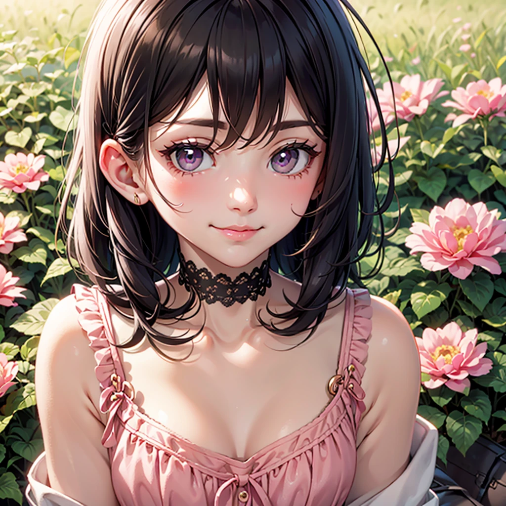 1 woman of 30 years old, {{{very long messy black hair}}}, {{{pink eyes}}}, pink flower sundress with lace details, rose gold choker, small smile, in a flower garden on a picnic blanket, {best quality.}, {highreaasterpiece.}, {{{medium close up.}}}, {facing viewer}