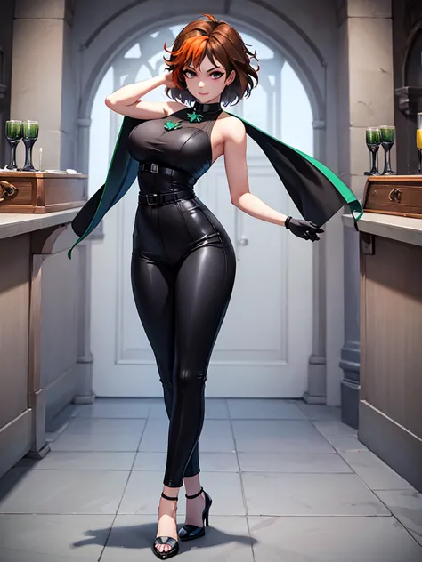 merula, full body, thighs, high heels, solo girl, medium tits, light grey with black points bell pants