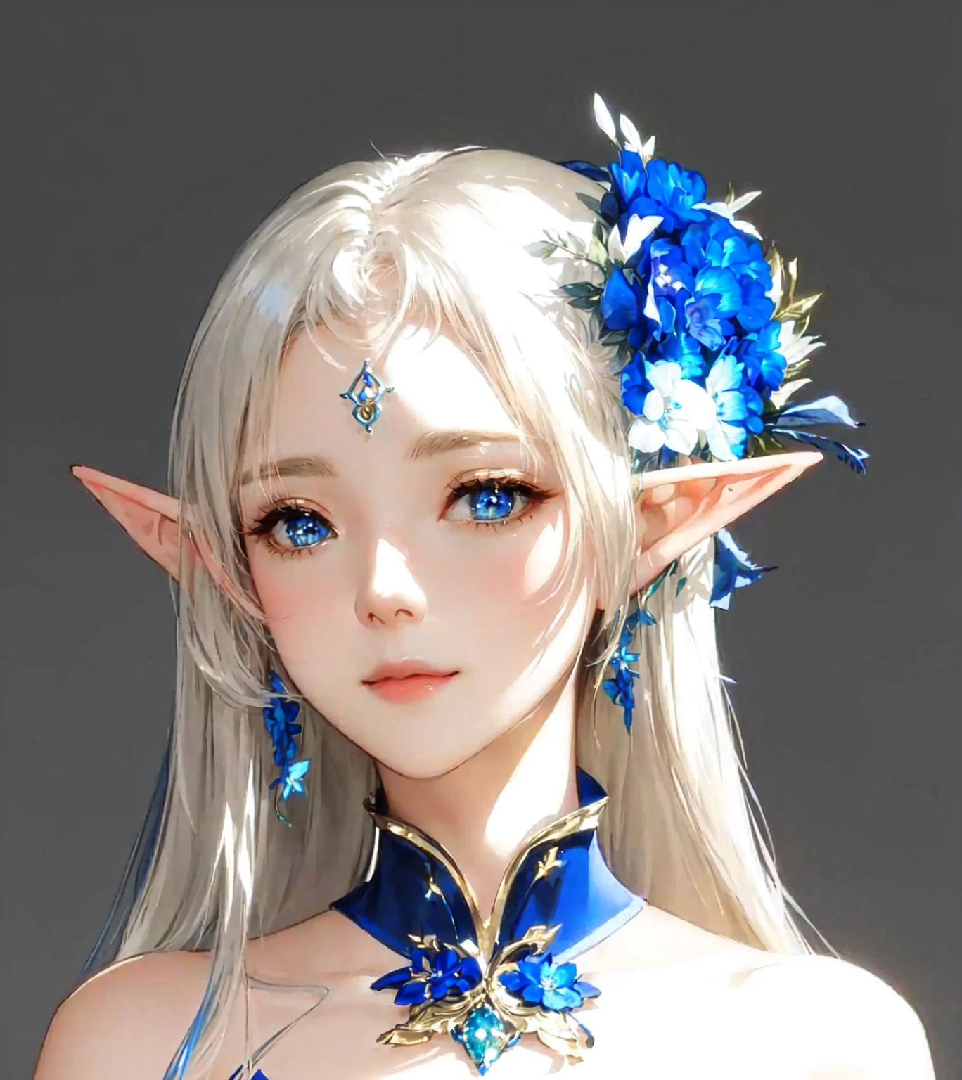 Anime style blue hair woman image，A blue flower in the hair, 美丽优雅的Fairy Queen, Blue Elf, portrait of Fairy Queen, Elf Princess, 非常美丽的portrait of an elf, Elf Girl, portrait of an elf, She has elf ears and golden eyes, Beautiful and elegant female elf, Fairy Queen, Smiling elf character